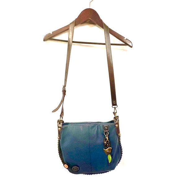 Chala Blue Hobo Crossbody Bag Metal Bird Charm Brown Trim Adjustable Strap
